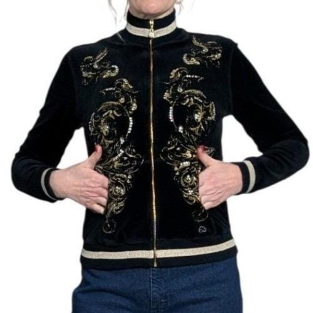 Vintage Escada Velvet Bomber Jacket Gold Baroque Rhinestone Zip EU 36 Y2K‎ - Picture 5 of 16